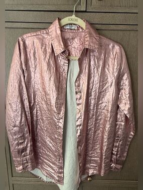 NWT Lanhtropy pink metallic linen blouse XS